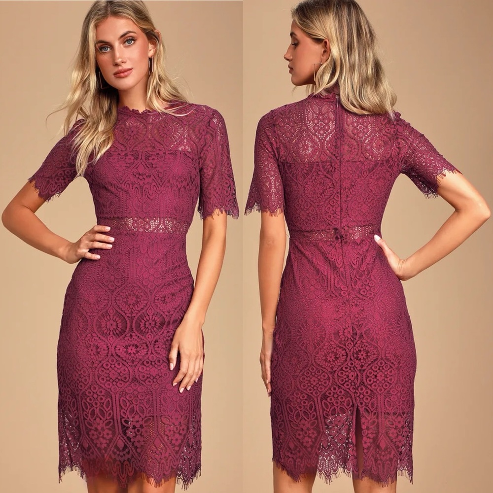 Lulu’s Remarkable Burgundy Sheer Lace Short Sleeve Mini Dress